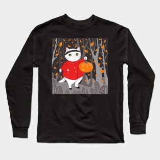 Halloween Cute Cat & Jack-o’-lantern Pumpkin Long Sleeve T-Shirt